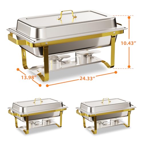ROOMTEC Chafing Dishes for Buffet 4 Pack, 8QT 304 Stainless Steel Chafing Dish Buffet Set, Chafers and Buffet Warmers Sets for Birthday, Wedding, Rolled-Edge Design, Gold and Silver