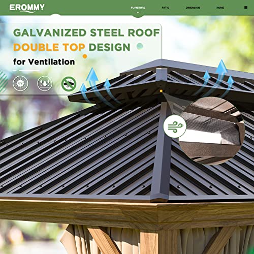EROMMY 14'x20' Hardtop Gazebo Double Roof Galvanized Steel Canopy Outdoor Aluminum Frame Permanent Metal Pavilion with Netting and Curtains for Patio Backyard Deck and Lawns