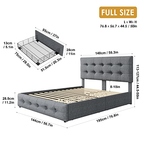 Queen Bed Frame with 4 Storage Drawers and Adjustable Headboard, Upholstered Platform Bed with Button Tufted Design, Strong Wooden Slats Support, No Box Spring Needed, Black