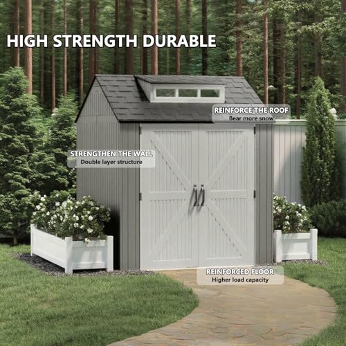 Large Resin Outdoor Storage Shed with Floor (7-10.5 Ft) - Weatherproof Double Wall Construction for Lawn Mowers, Garden Tools, Bike & Pool Supplies, Lockable (Brown, 7x7 FT)