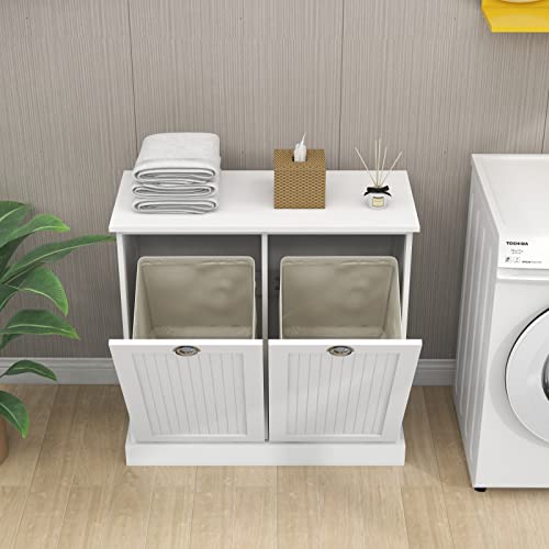 Double Tilt Out Trash Cabinet Laundry Sorter Cabinet Free Standing Laundry Cabinets and Storage Dog Proof Recycling Cabinet Kitchen Island with Garbage Bin (White)