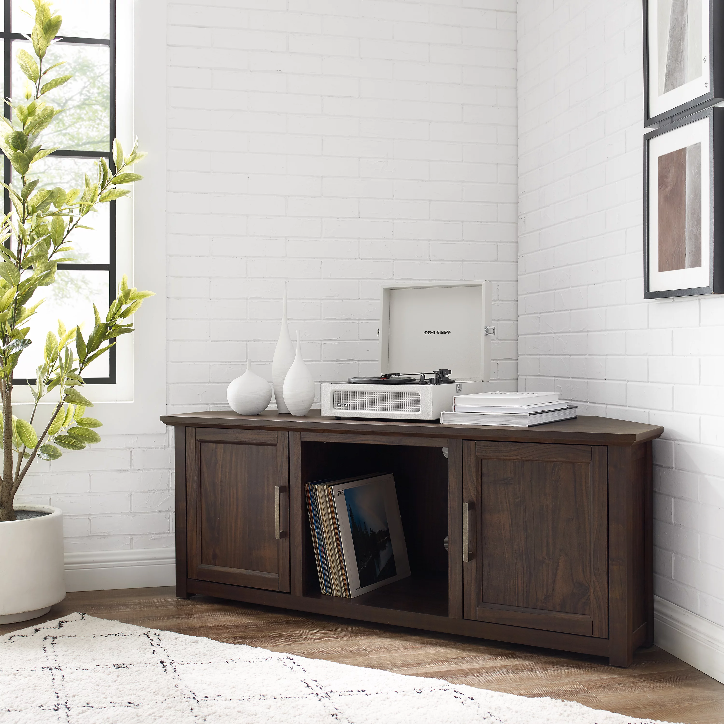 Crosley Furniture Camden 58"Rustic Wood Corner TV Stand in Dark Walnut