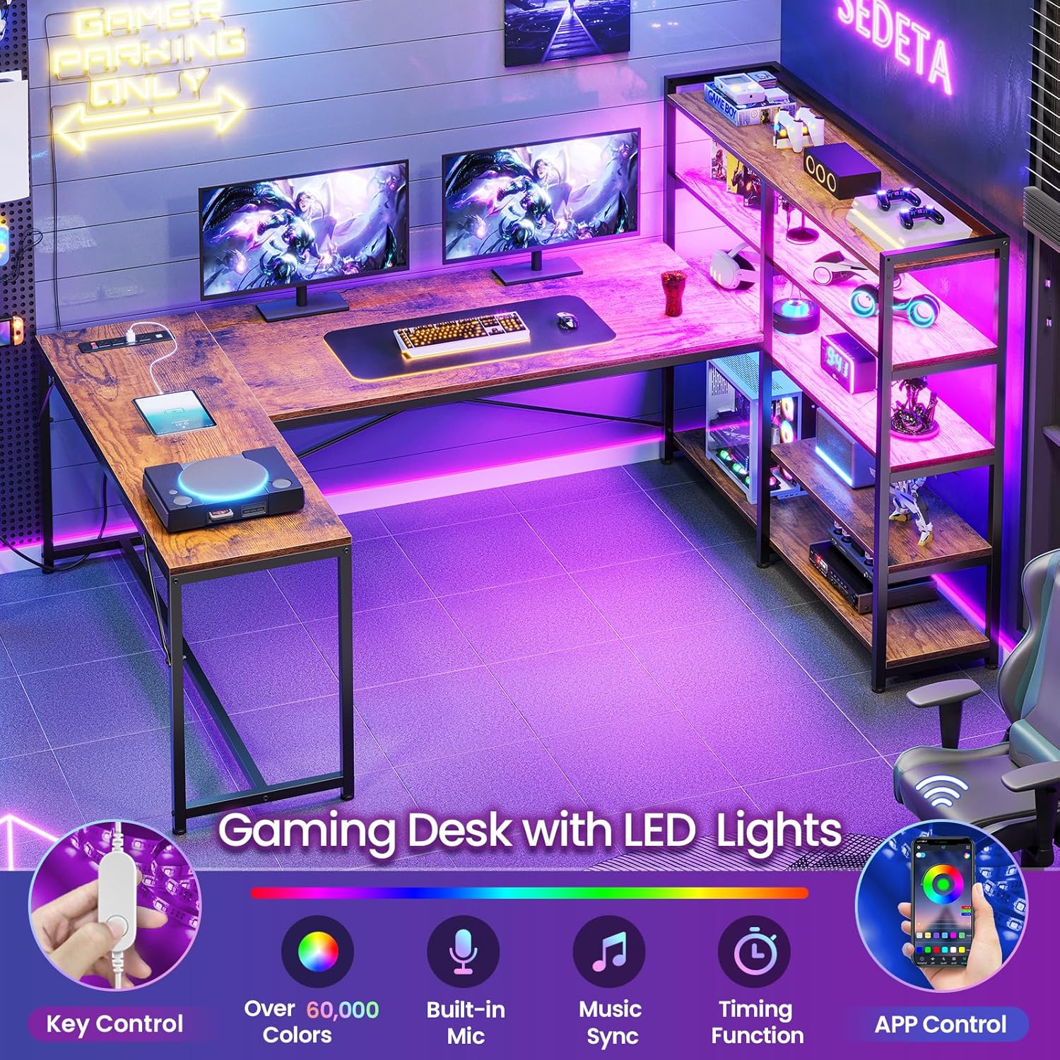 SEDETA L Shaped Computer Desk, 64.5'' Reversible U Shaped Office Desk with Storage Shelves & Power Outlet, L Shaped Gaming Desk with LED Light, Bookshelf for Home Office, Rustic Brown