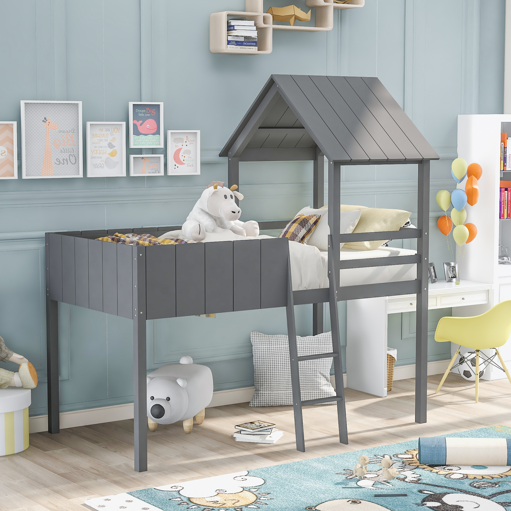 Gray Twin Size Wood House Loft Bed with Roof, Guardrail, Ladder