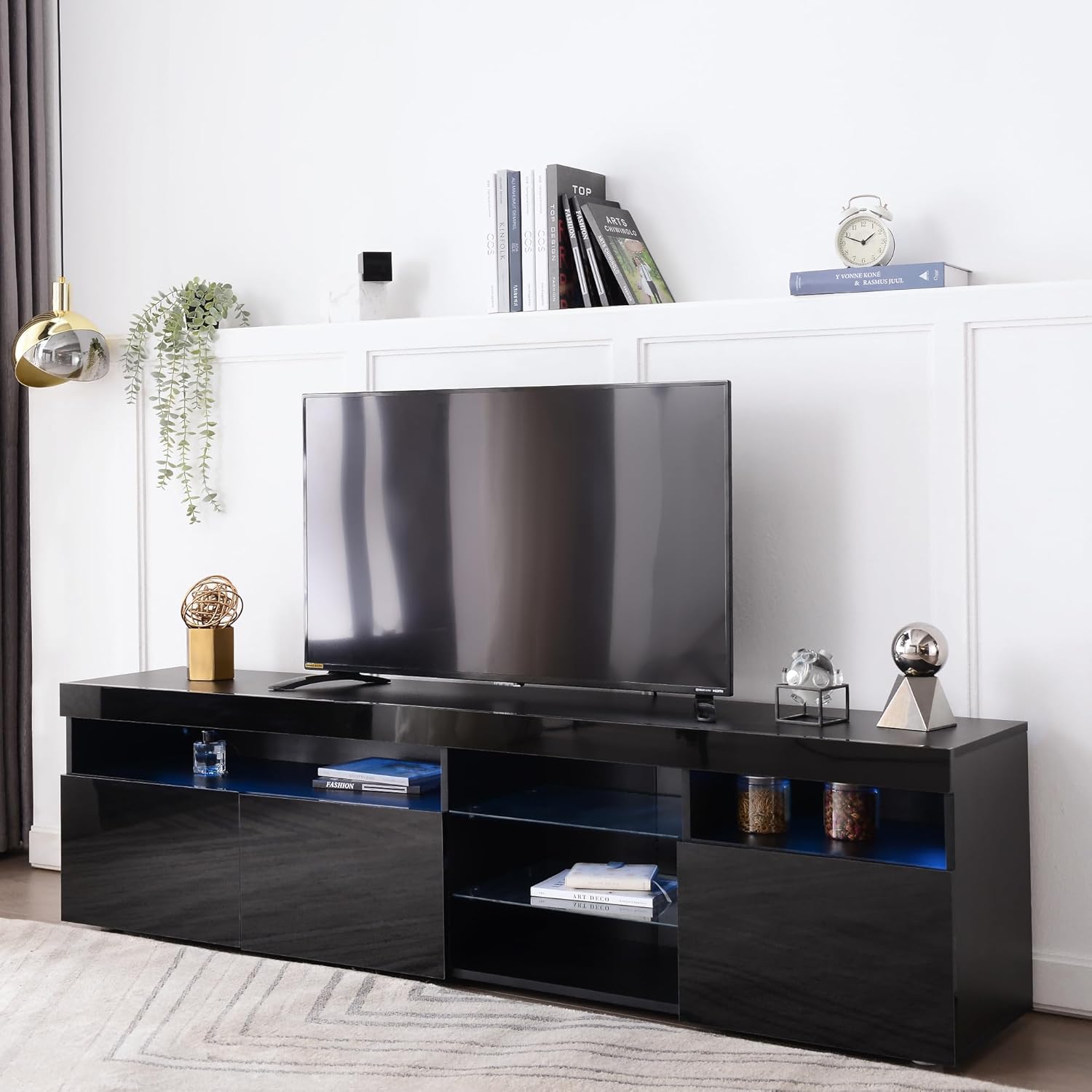 Modern Design TV Stands for TVs up to 80'', LED Light Entertainment Center, Media Console with Multi-Functional Storage, TV cabinet for Living room,Bedroom, Home Theatre (Black)
