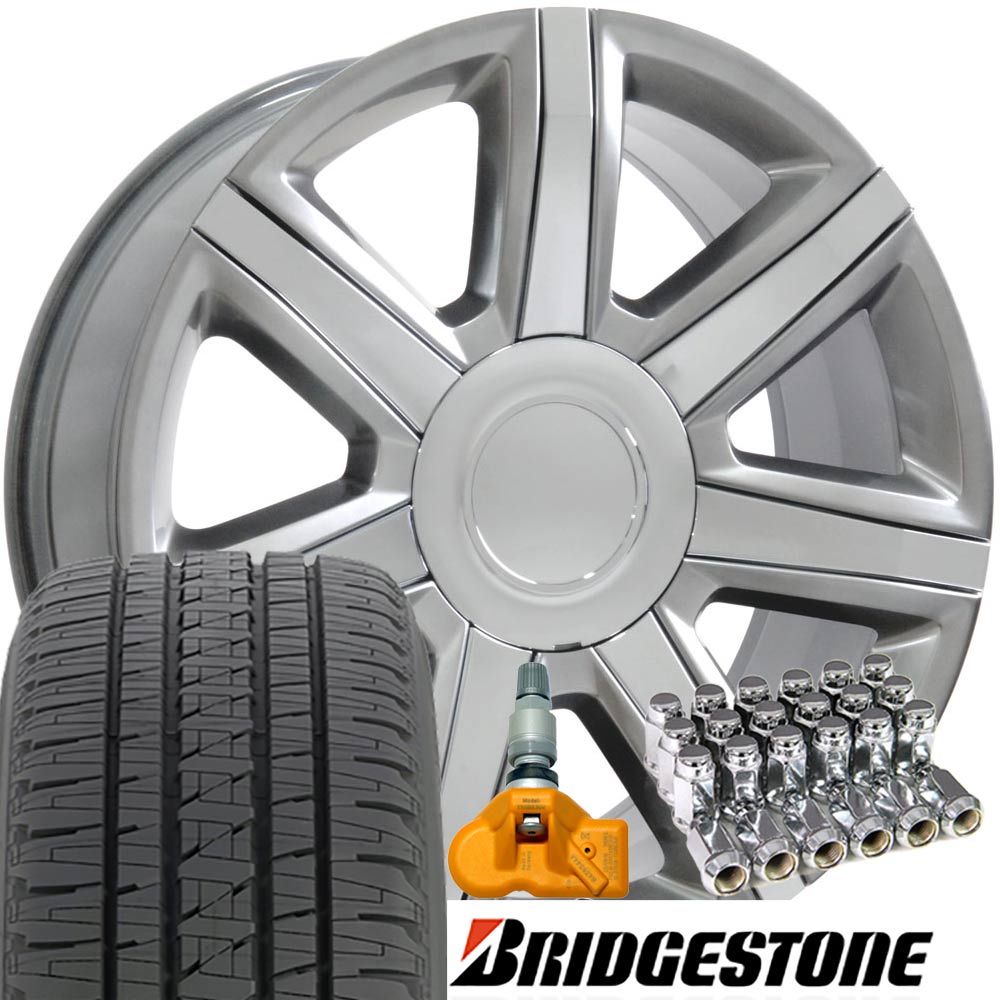 22 inch Hyper Black & Chrome Wheels, 285/45R22 Bridgestone Tires, TPMS & Lugs SET Fit GMC Chevy Cadillac Trucks and SUVs - Cadillac Escalade Style Rims