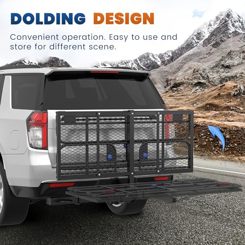 500 Lbs Folding Rack Hitch Mount Cargo Carrier, 2" Hitch Receiver, 60" x 24" x 14" Size,Bolt Lock Luggage Basket Heavy Duty Hitch Rear Trailer Cargo Rack Compatible for SUV Truck Pickup