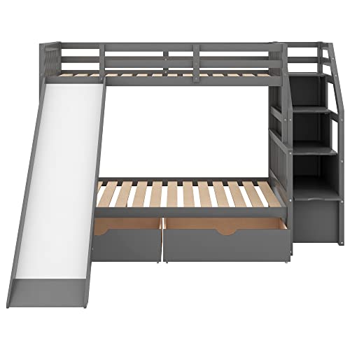 Harper & Bright Designs Twin Over Full Bunk Bed with Stairs and Slide, Multifunction Wood Bunk Bed with Storage Drawers, Gray