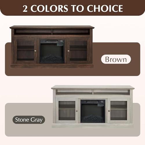 Farmhouse Fireplace TV Stand for TVs Up to 65'', Rustic Entertainment Center with 18" Electric Fireplace, Wood Media Console Cabinet for Living Room, (Brown, 65 Inch Fireplace TV Stand)