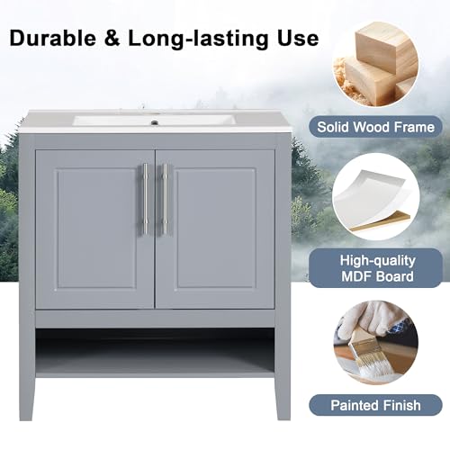 30" Bathroom Vanity with Sink,Bathroom Storage Cabinet with 2 Soft Closing Doors and Drawer,Multi-Functional Bathroom Vanities,Solid Wood Frame,Easy Assmebly(White)