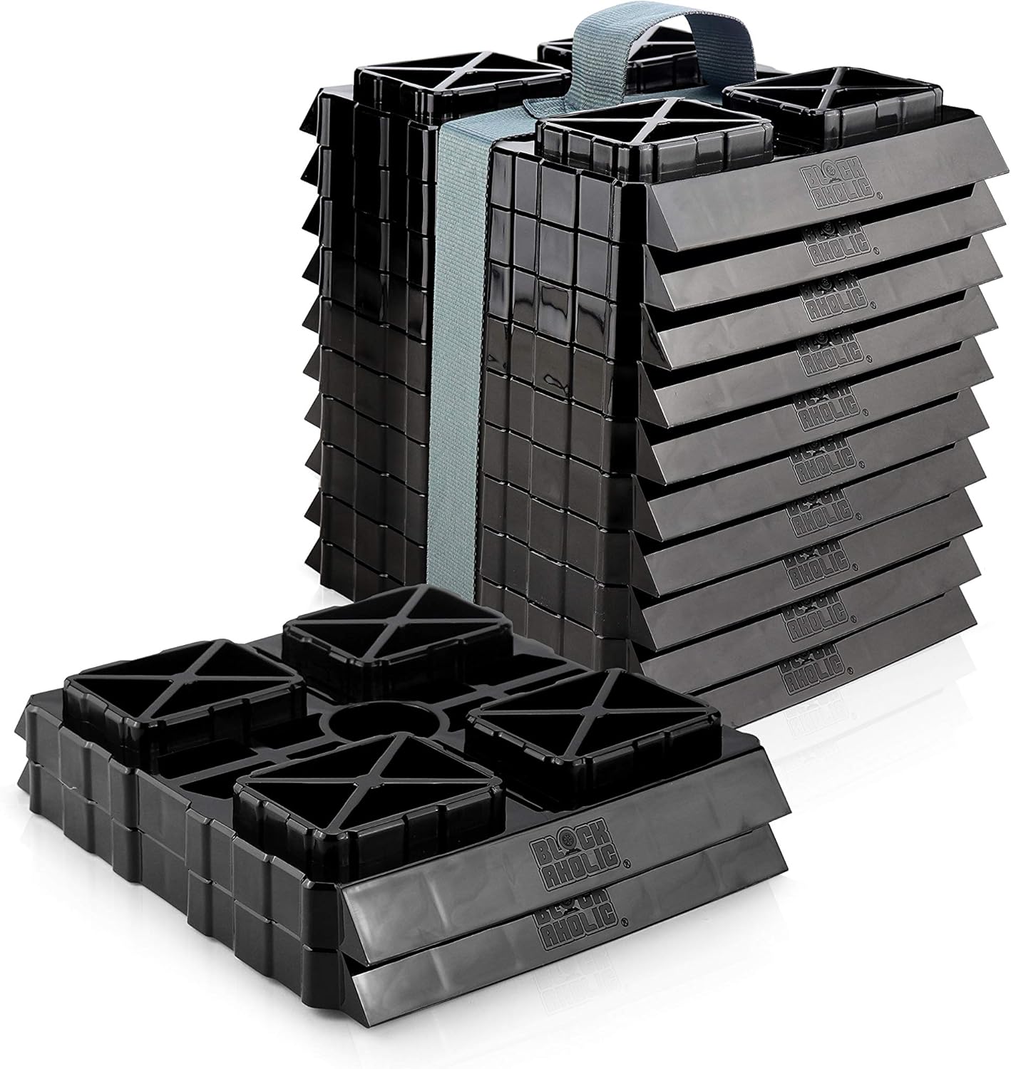 Blockaholic - RV Leveling Blocks - Pads with Built-in Ramps and Quick Release Carrying Strap - Heavy Duty and Extra Large Pack of 2