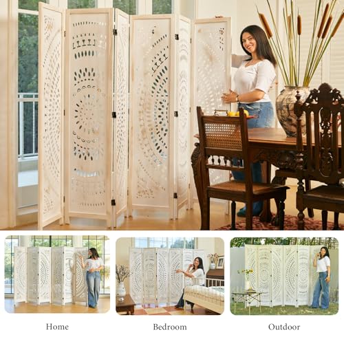 Room Divider Wood Carved Wall Divider Indoor Folding Bohemian Style Portable Partition Screen for Home Office Garden Terrace - 6 Panels (Antique, White-Washed)