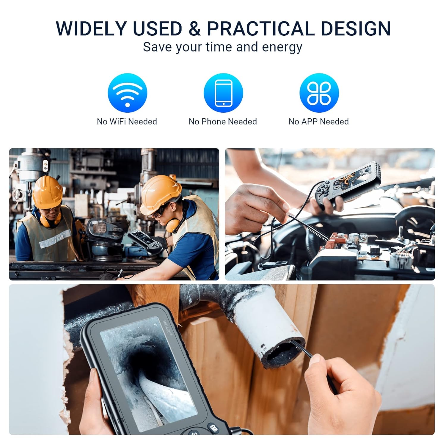 Triple Lens Endoscope Inspection Camera with 5'' IPS Screen NIDAGE 1080P Industrial Snake Camera with 11.5FT Waterproof Flexible Cable 8 LEDs 32GB Card Toolbox, Automotive Borescope Drain Pipe Camera