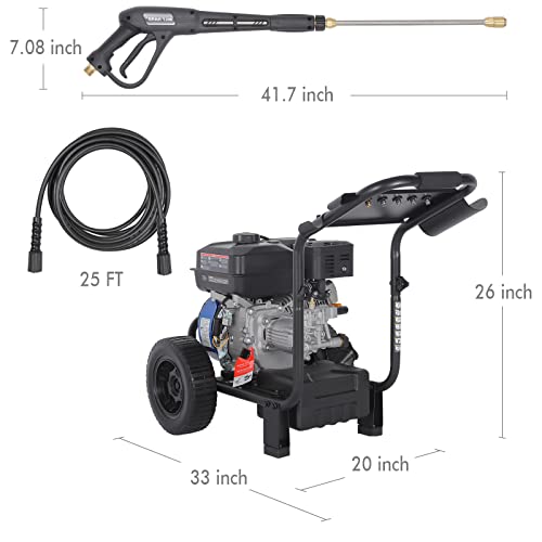 Gas Pressure Washer, 2.5 GPM 3500 PSI Axial Pump Gas Power Washer Heavy Duty, 4-Cycle 224cc Engine, Include Spray Gun and Wand, 5 QC Nozzle Tips, 3/5"×25' Hose