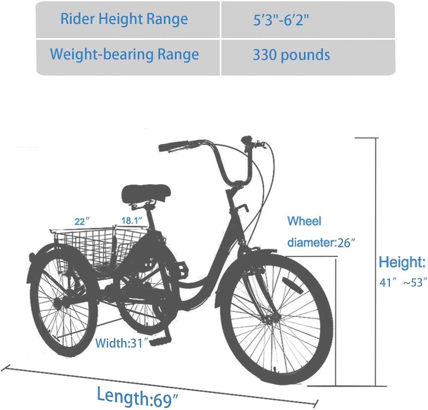 Adult Tricycle Trikes,3-Wheel Bikes,26 Inch Wheels Cruiser Bicycles with Large Shopping Basket for Women and Men