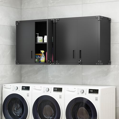Garage Storage Cabinet Wall Cabinet with 2 Doors,Lockable Tool Cabinets Wall Mounted with Adjustale Shelves,Heavy Duty Steel Hanging Cabinets for Warehouse Kitchen Laundry,Assembly Required