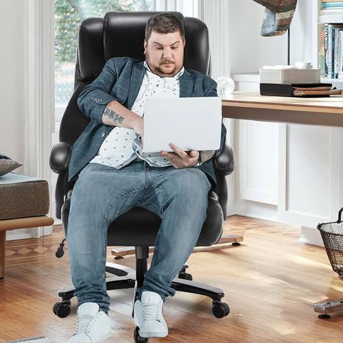 Big and Tall Office Chair, 500lbs High Back Large Executive Chair with Electric Airbag Heating High Back Computer Chair with Wide Seat, Black Ergonomic Leather Rocking Chair