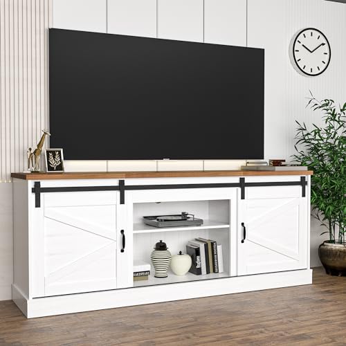 Farmhouse TV Stand with Fireplace for 70" TV, Sliding Barn Door Entertainment Center w/24 Electric Fireplace with Remote Control, TV Cabinet Storage Shelves for Living Room, White