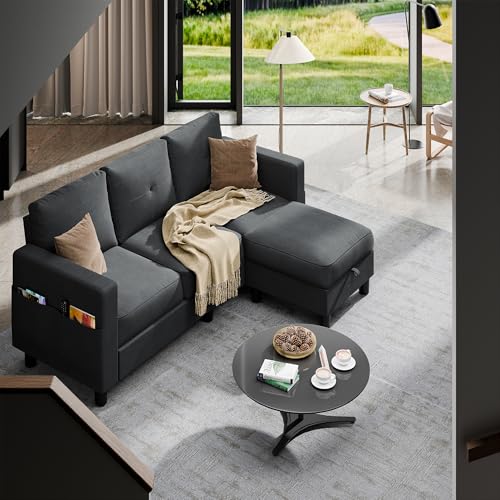 Shintenchi Convertible Sectional Sofa Couch, Modern Linen Fabric L-Shaped, 3-Seat Sofa Sectional with Storage Function Ottoman/Armrest Reversible Chaise for Living Room and Small Space (Black)