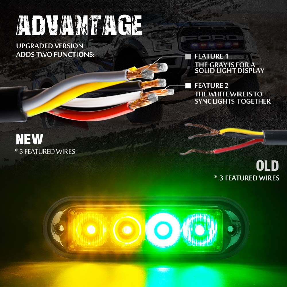 Xprite Amber Yellow & Green 4 LED 4 Watt Emergency Vehicle Waterproof Surface Mount Deck Dash Grille Strobe Light Warning Police Light Head with Clear Lens - 8 Pack Pack of 2