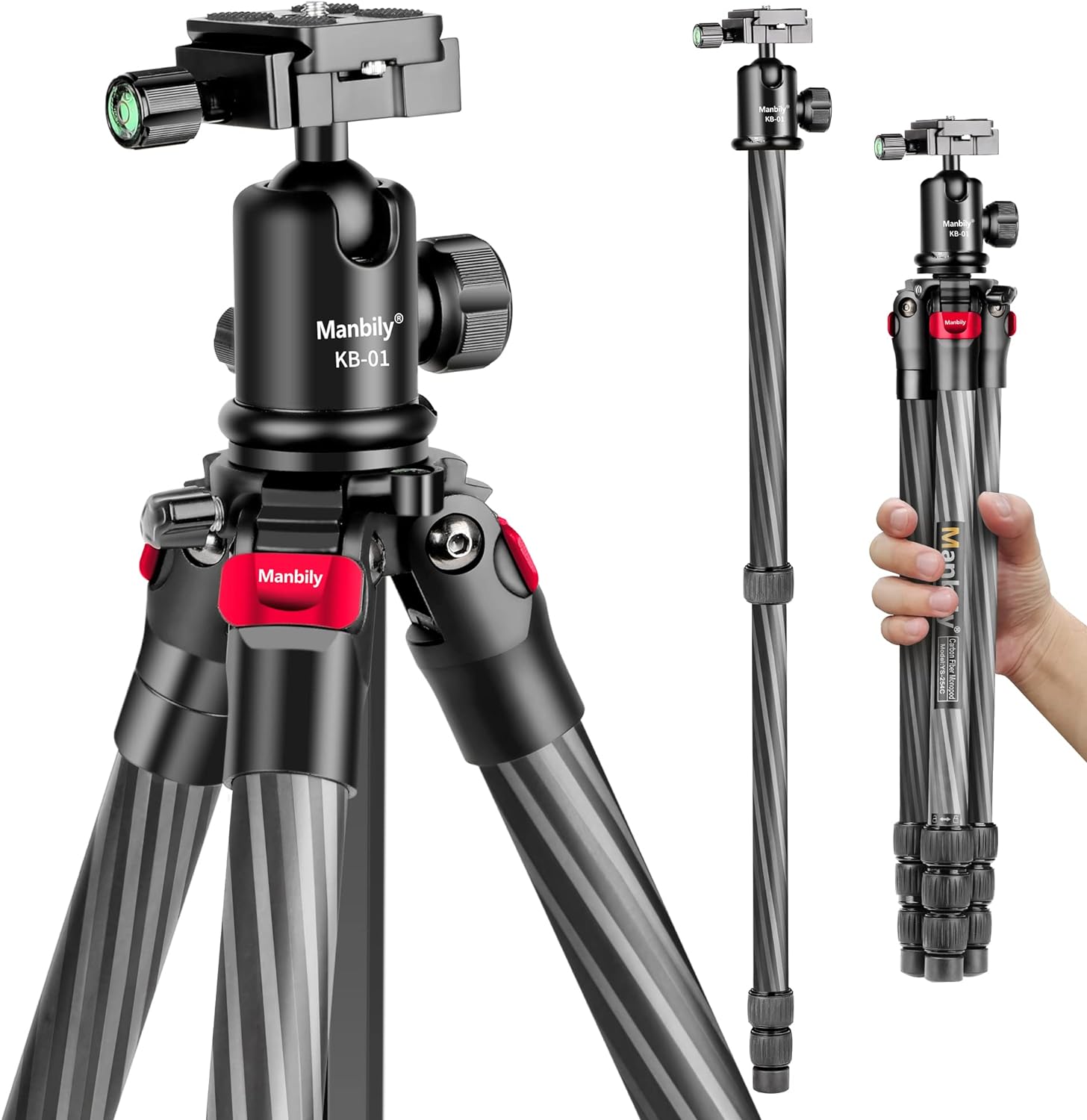 Manbily 63 Carbon Fiber DSLR Camera Tripod Monopod Kit,Compact and Lightweight,360-degree Panoramic Ball Head Quick Release Plate,5 Seconds Quickly Invert The Center Column,for Travel Work(YS-254C)
