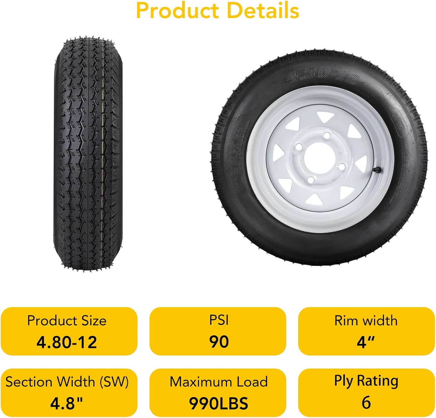 Pair Of 4.80x12 Trailer Tires and Wheels,Trailer Tires With 6PR Load Range,4 Lug 4.5” Tires For Travel/Cargo Trailer - 2 Pcs