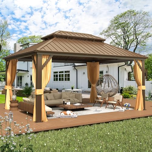 EROMMY 14'x20' Hardtop Gazebo Double Roof Galvanized Steel Canopy Outdoor Aluminum Frame Permanent Metal Pavilion with Netting and Curtains for Patio Backyard Deck and Lawns