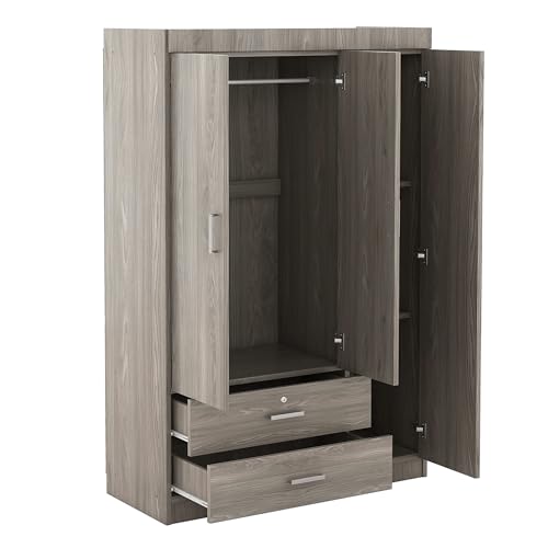 3 Doors Wardrobe Armoire with Mirror, Modern Wood Armoire Wardrobe Cabinet with Shelves & Hanging Rod, Bedroom Armoire Clothes Organizer (Gray-3G)