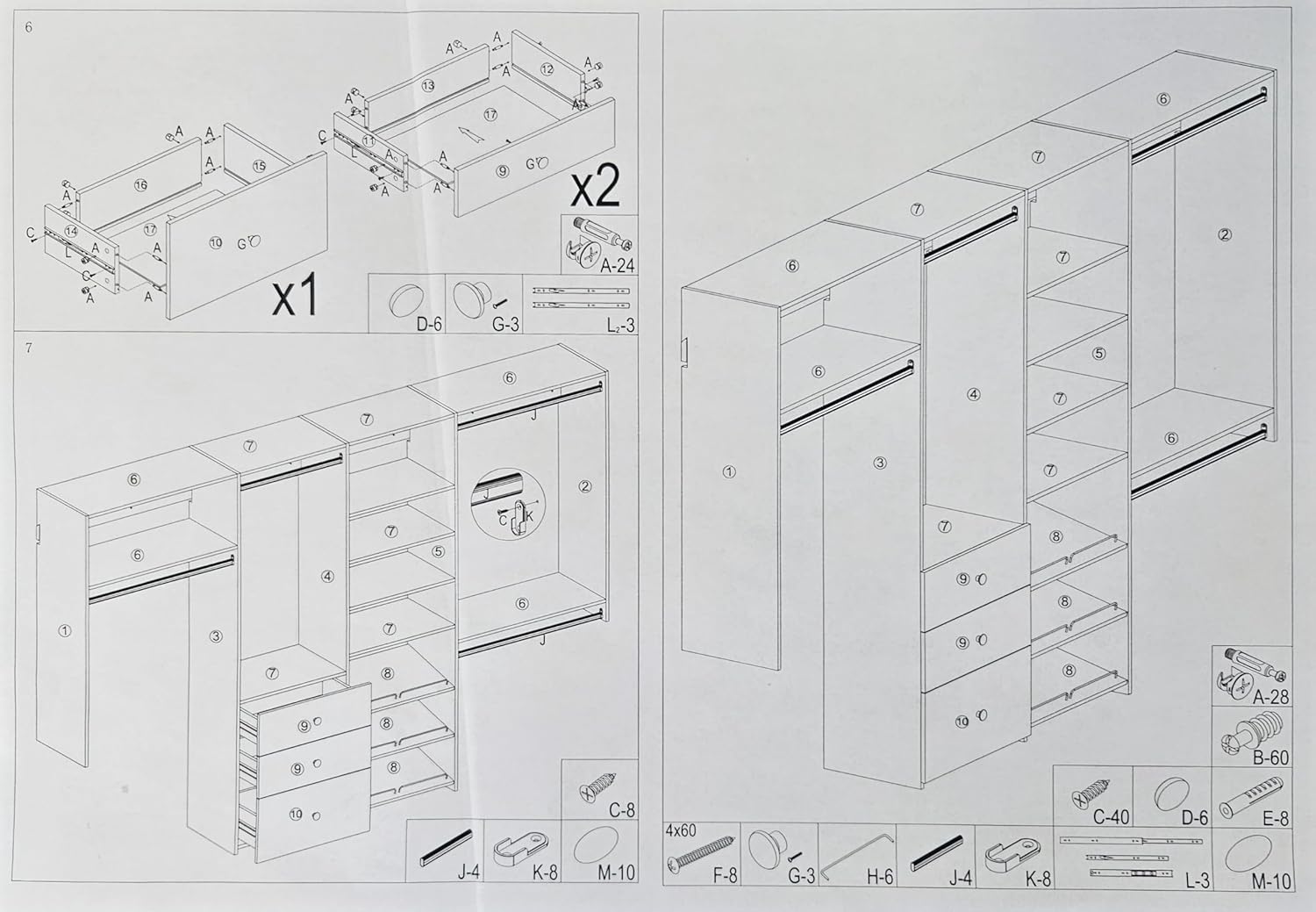 Dual Tower Closet Storage Wall Mounted Wardrobe Organizer Kit System with Shelves and Drawers for Bedroom in White with Hardware Wood Closet, Storage & Organization