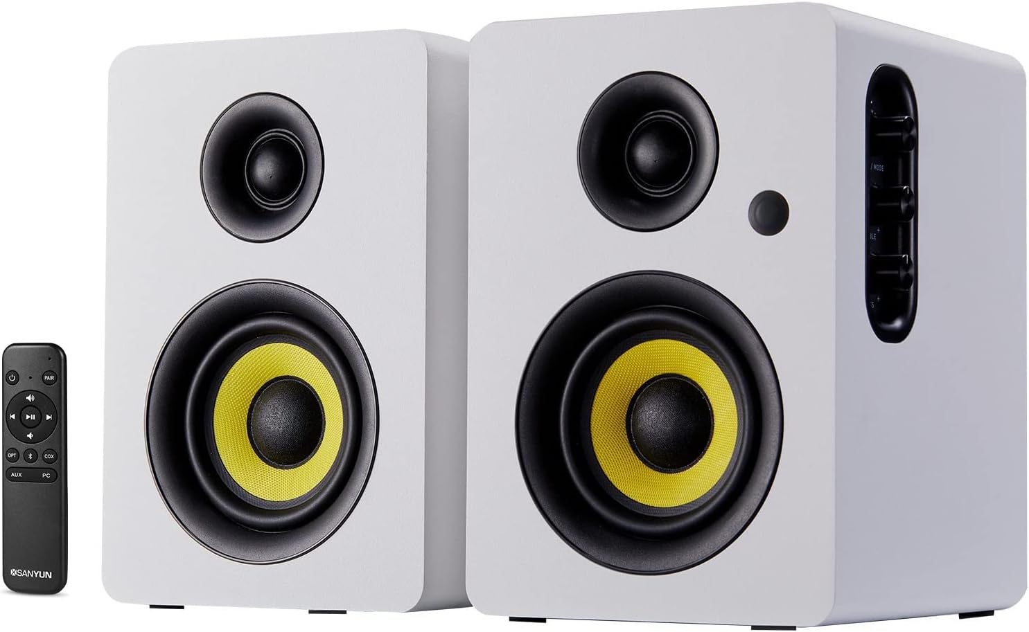 Sanyun SW208 3 Active Bluetooth 5.0 Bookshelf Speakers – 60W Carbon Fiber Speaker Unit - Built-in 24bit DAC - Dynamic 3D Surround Sound – 2.0 Computer PC Monitor Gaming Speakers (Pair, White)