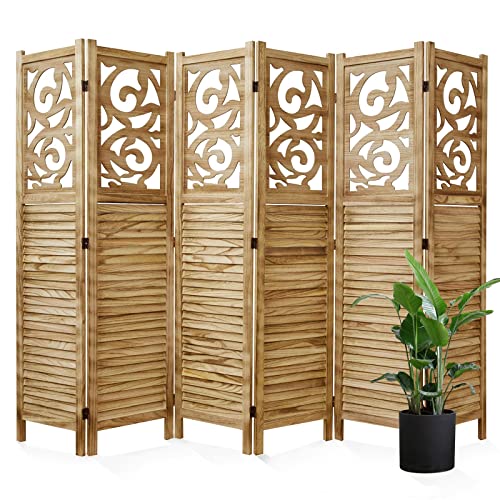 Room Divider Wood Carved Wall Divider Indoor Folding Portable Partition Screen for Home Office Garden Terrace - 6 Panel, 67 * 90inch (Dark Brown)