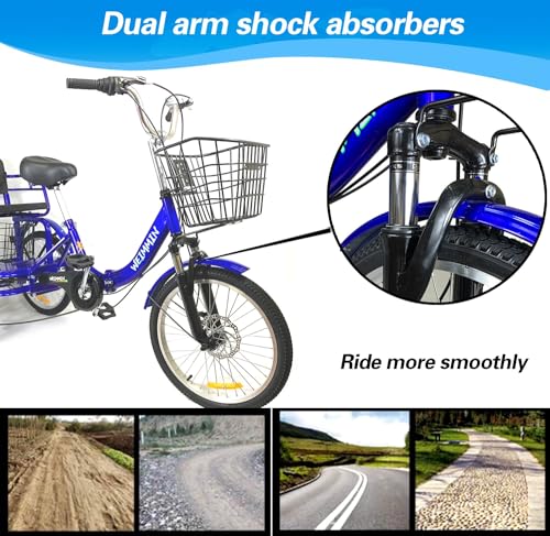 Adult Tricycle 7 Speed, 20 Inch 3 Wheel Bikes Folding Tricycle for Adults,for Women/Men/Seniors, Fork Shock Absorption Wheel Cruiser Bike w/Front&Rear Basket for Shopping/Children
