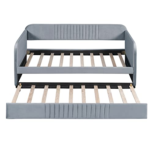 Upholstered Twin Size Daybed with 2 Storage Drawers,Upholstered Day Bed Frame Velvet Sofa Beds with Vertical Channel Tufted Headboard w/Wood Slat Support,No Box Spring Needed
