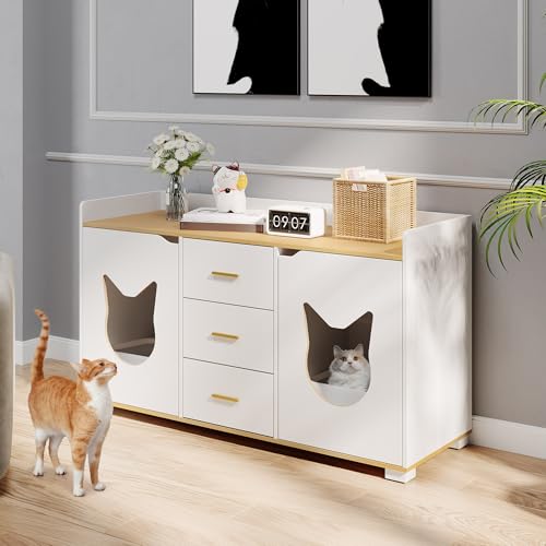 YITAHOME Cat Litter Box Enclosure with Double Room for 2 Cats, Storage Cabinet Design Large Hidden Litter Box Furniture with Drawers, Wooden Cat Washroom Furniture, White, 55" L x 19.7" W x 31.5" H