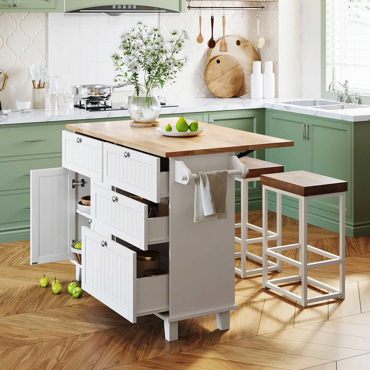 LivEditor Farmhouse Kitchen Island Set with Drop Leaf and 2 Seatings Blue