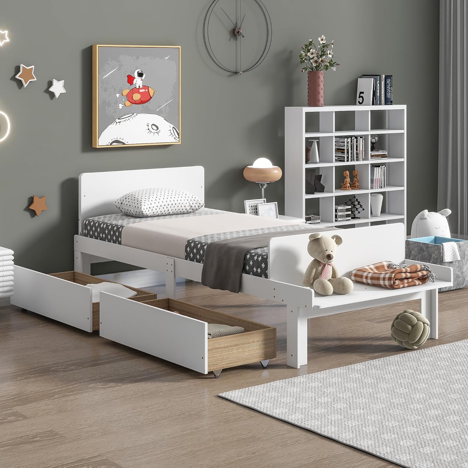 Bellemave Twin Size Platform Bed with Footboard Bench, Low Platform Bed Frame with Storage Drawers for Kids Boys Girls,Solid Wood Twin Bed Frame (Twin,White)