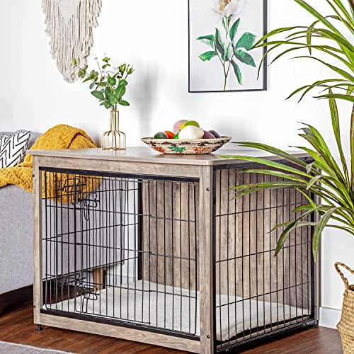 DWANTON Dog Crate Furniture with Cushion, Wooden Dog Crate with Double Doors, Dog Furniture, Dog Kennel Indoor for Small/Medium/Large Dog，End Table, Small, 27.2" L, Warm Brown