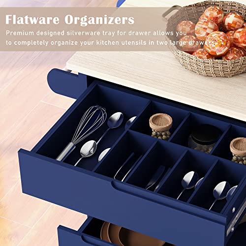 53" Mobile Kitchen Storage Islands with 8 Handle-Free Drawers Including a Flatware Organizer, Rolling Kitchen Island Cart with Storage Cabinet, Modern Kitchen Island Cart with Rubber Wood Top, White