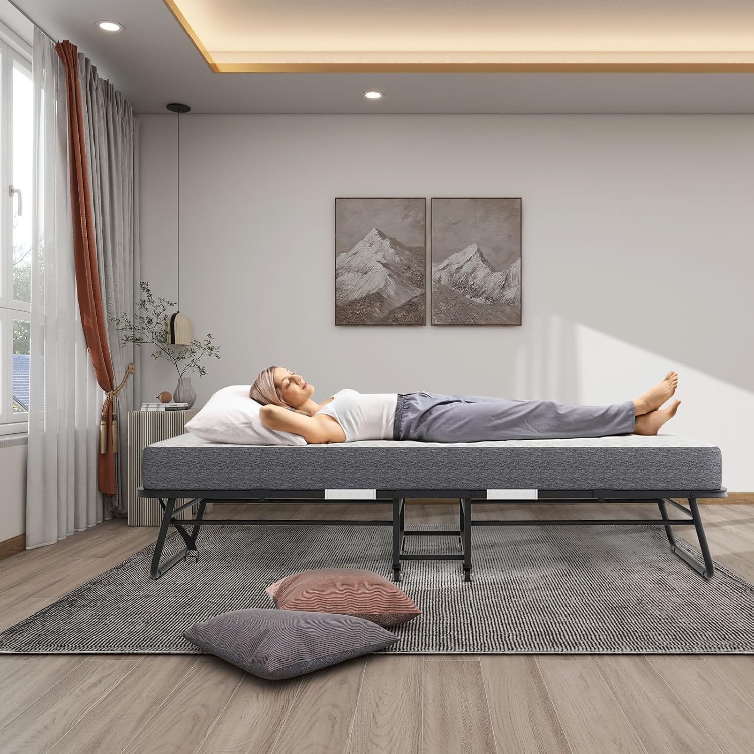 75x38 Twin Size Bed Frame - Portable Foldable Roll Away Adult Bed for Guest with Twin Memory Foam, Space Saving Fold Up Bed for Easy Storage