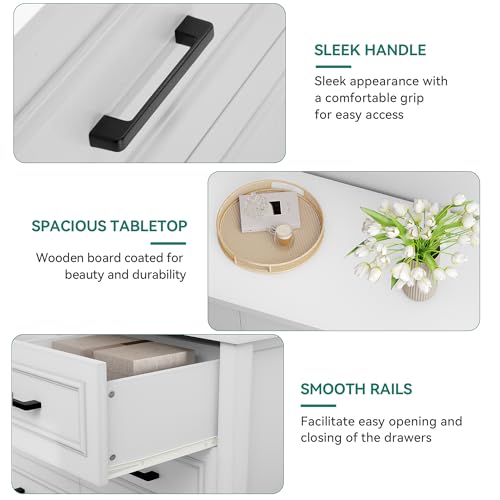 YITAHOME 6-Drawer Dresser with Built-in Power Outlet, Wood Dresser TV Stand with 6 Large Drawers and Bar Handles, White Dresser Chest of Drawers for Living Room, Hallway, Entryway