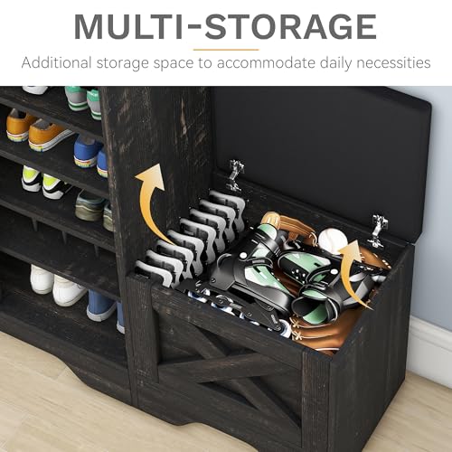 DWVO Farmhouse Shoe Cabinet with Sliding Door & Shoe Bench, 5-Tier Shoe Storage Cabinet with Adjustable Shelves for 20 Pairs, Narrow Shoe Cabinet for Entryway, Hallway, Living Room (Dark Rustic Oak)