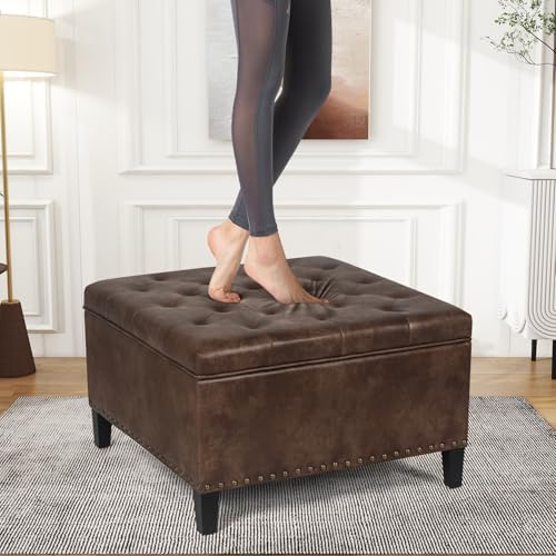 Fabric Storage Ottoman, 28.3" Large Square Ottoman Coffee Table with Storage, Upholstered Oversized Ottoman for Living Room (Dark Gray)
