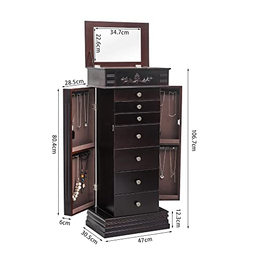 WEI WEI GLOBAL Jewelry Armoire Cabinet with Flip Top Mirror and Compartments - Large Standing Jewelry Chest - Wooden Jewelry Storage Box Organizer - Black