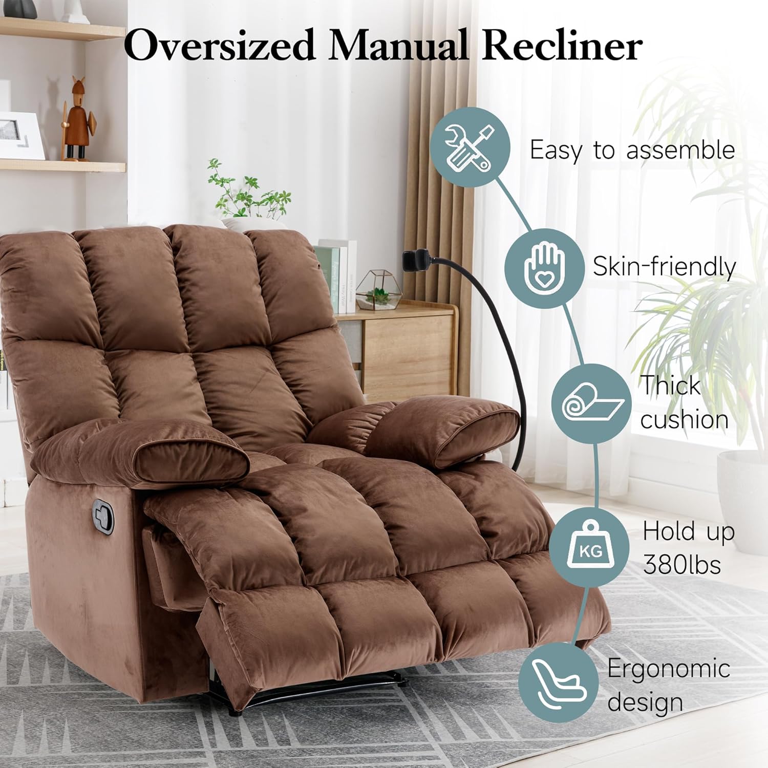 Oversized Recliner Chair 400LBS, Manual Recliner with Soft Overstuffed Arms and Back, Velvet Oversized Recliner Chair for Living Room, Bedroom, Study Room, Brown