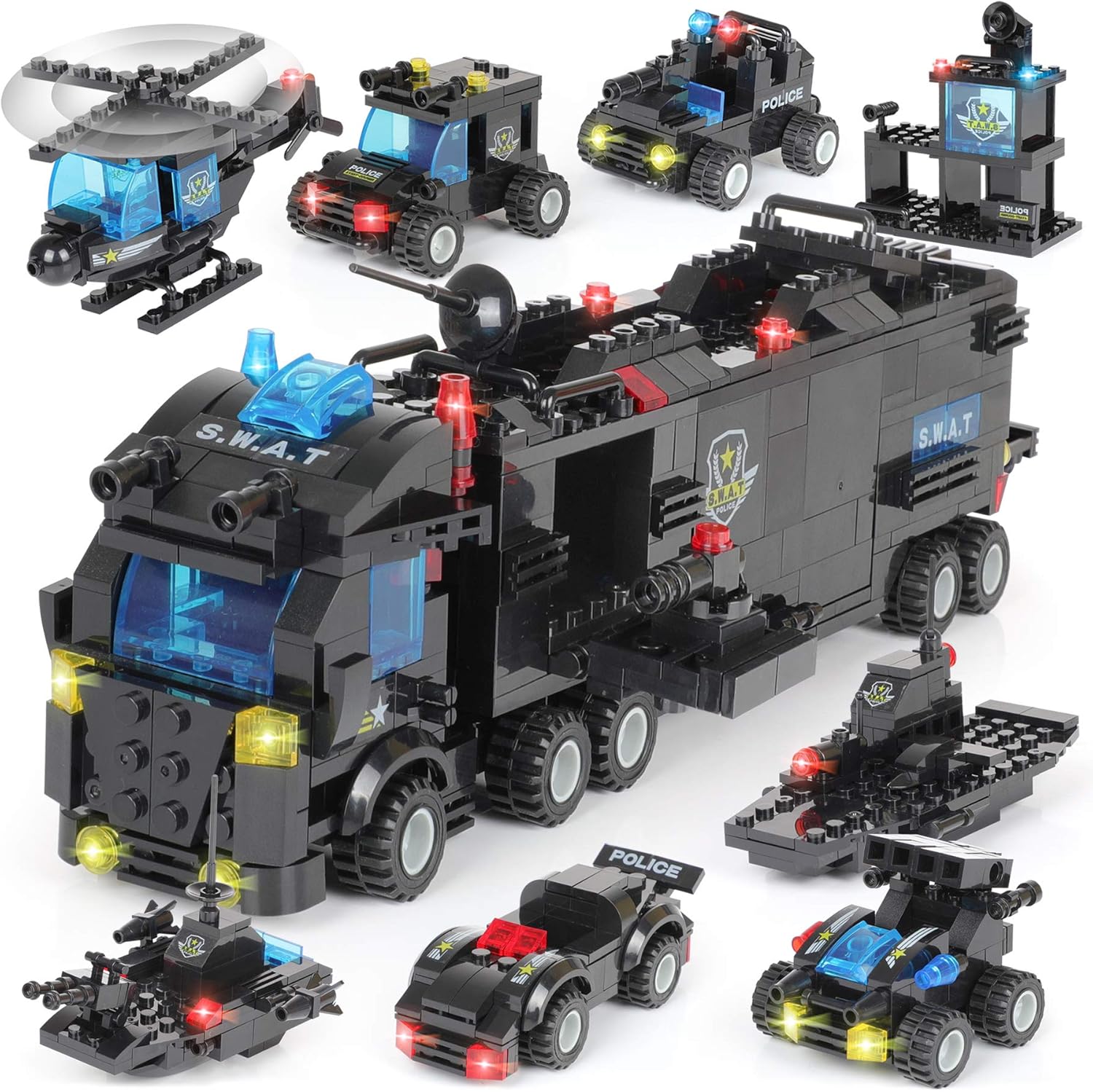 1110 PCS SWAT City Police Station Mobile Command Center Truck Car Building Blocks Set in 25 Different Models Police Cars, Helicopter, Boat, with Storage Box Roleplay Toys Gift for Kids Boys Girls 6-12