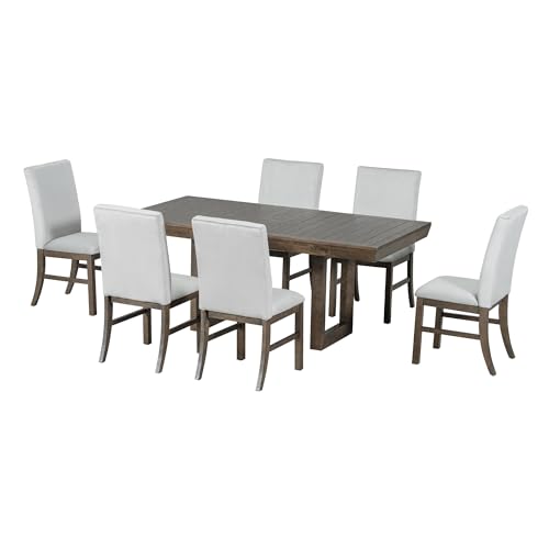 7-Piece Dining Table Set, Extendable Table with 12” Butterfly Leaf and 6 Upholstered Chairs, Wood Rectangular Dining Set, Mid-Century Kitchen Dining Table Set for 6 People (Brown)