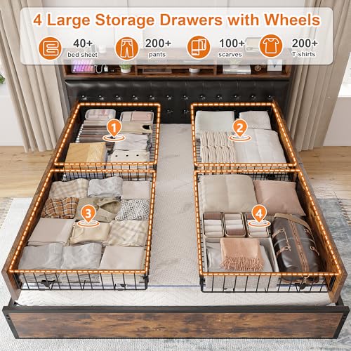 EnHomee Queen Bed Frame with 4 Drawers Bed Frame Queen Size with Headboard Loads 1100LBS Upholstered Queen Size Bed Frame with Charging Station, Queen Bed Frame with Storage, No-Noise