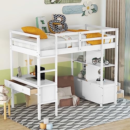 Twin Loft Bed, Saving Space Beds Frame with Desk, Storage Shelves, Drawers, Ladder, Guardrail, Solid Wood Loft Bed, Bedroom Furniture for Living Room Kids Teens Bedroom