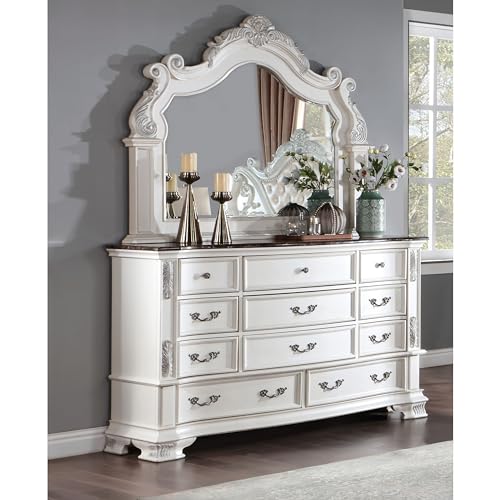 Furniture of America Clairibel Wood 5-Piece Bedroom Set, King-Size Bed with Button-Tufted Headboard, Marble Top Nightstand and Dresser & Dovetail Drawers, Box Spring Required, Pearl White