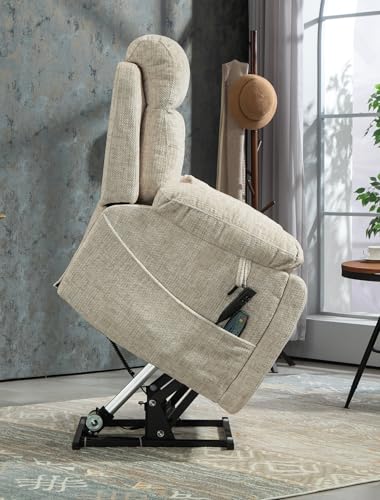 Light Grey Recliner Chair for Elderly | Tall and Big Man 400lbs | Chenille | Power Lift, Lay Flat, Stand Up, Wireless Charging Device, Extended Footrest, Massage Heat, Cup Holder, Lumbar Pillow
